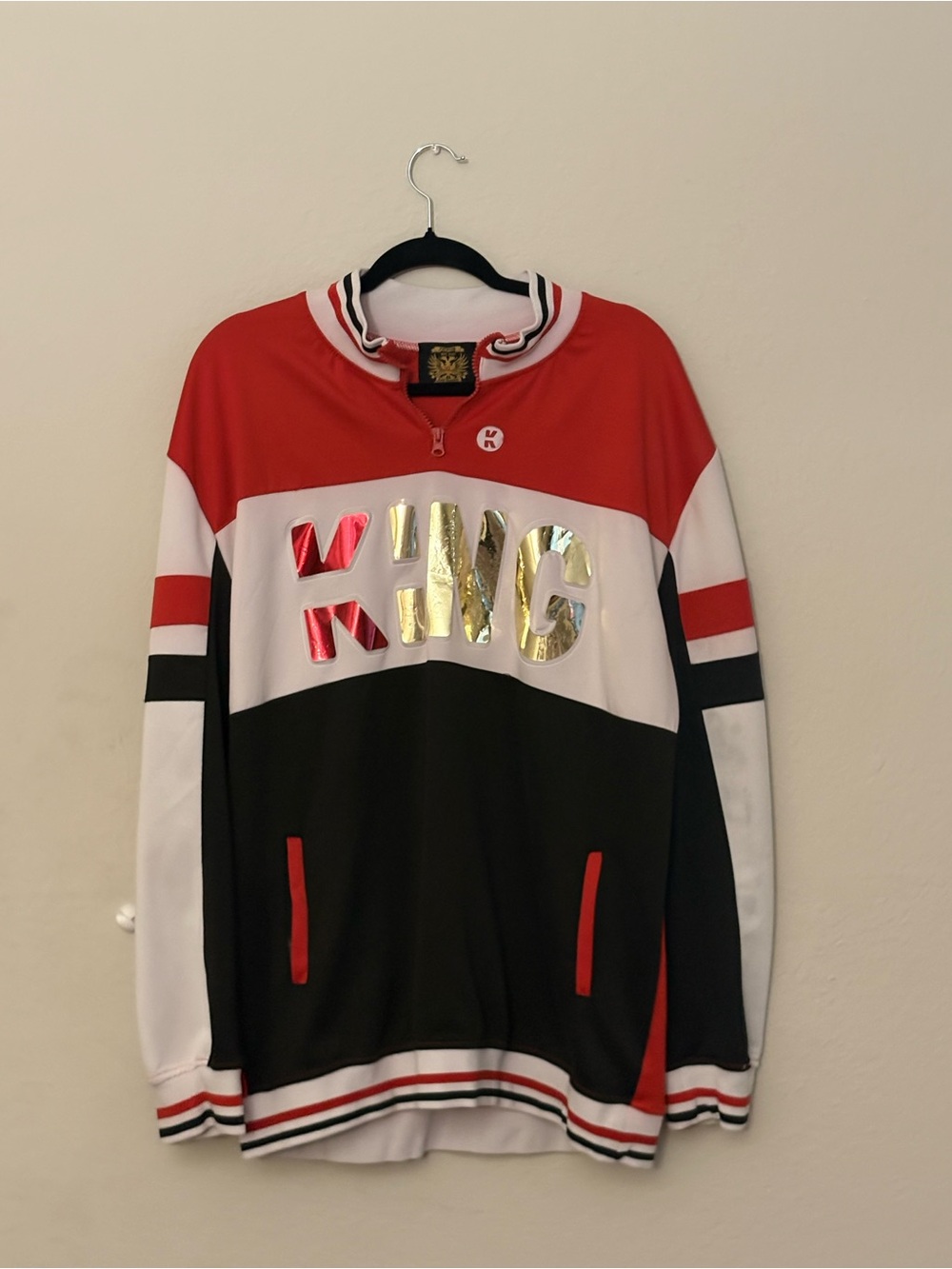 KING Metallic-Logo Quarter-Zip Sweater in Red/Black/White